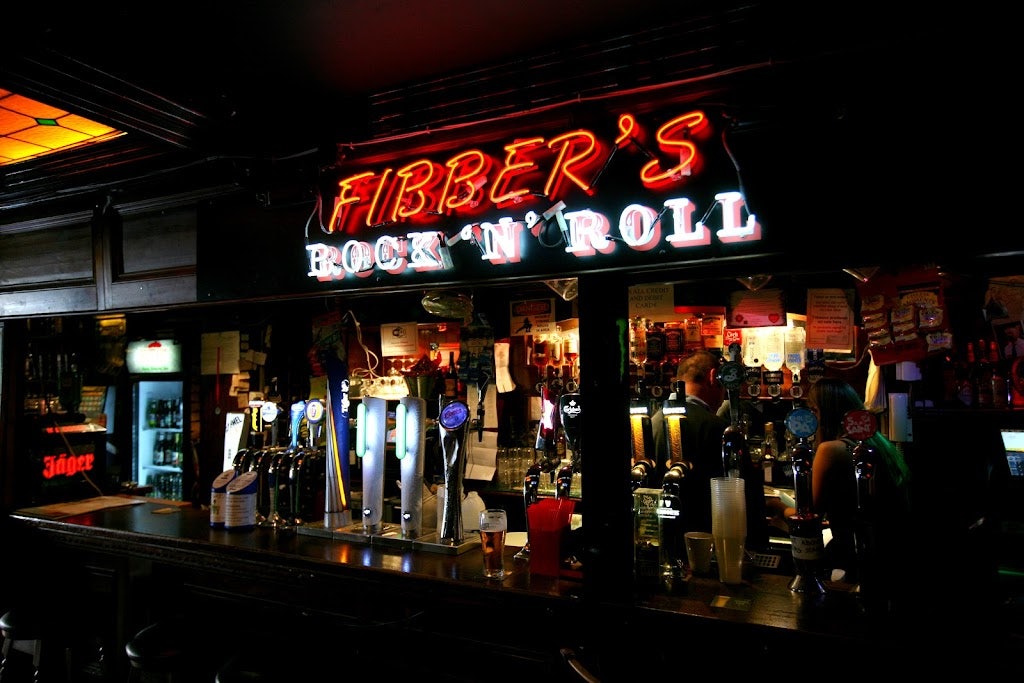 bar interior and neon lights at Fibber Magee's rock bar 