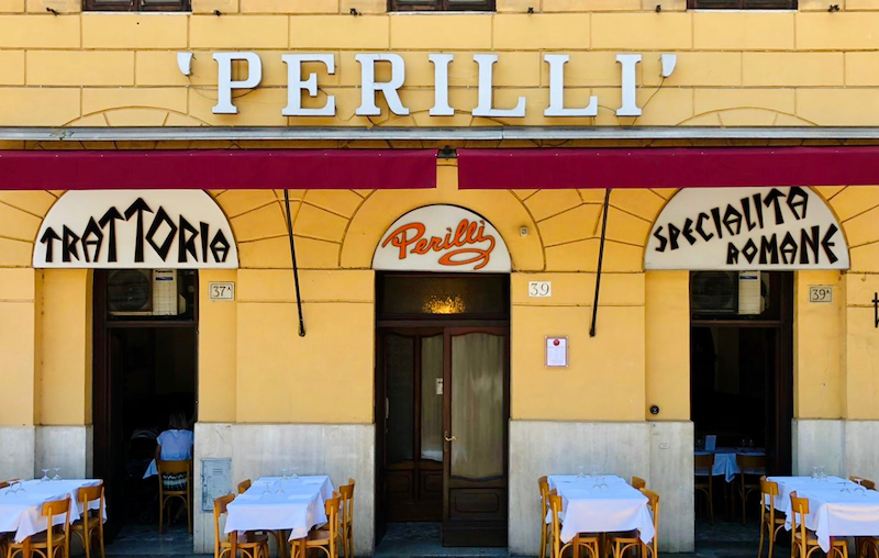 bright yellow facade of Trattoria Perilli in Rome