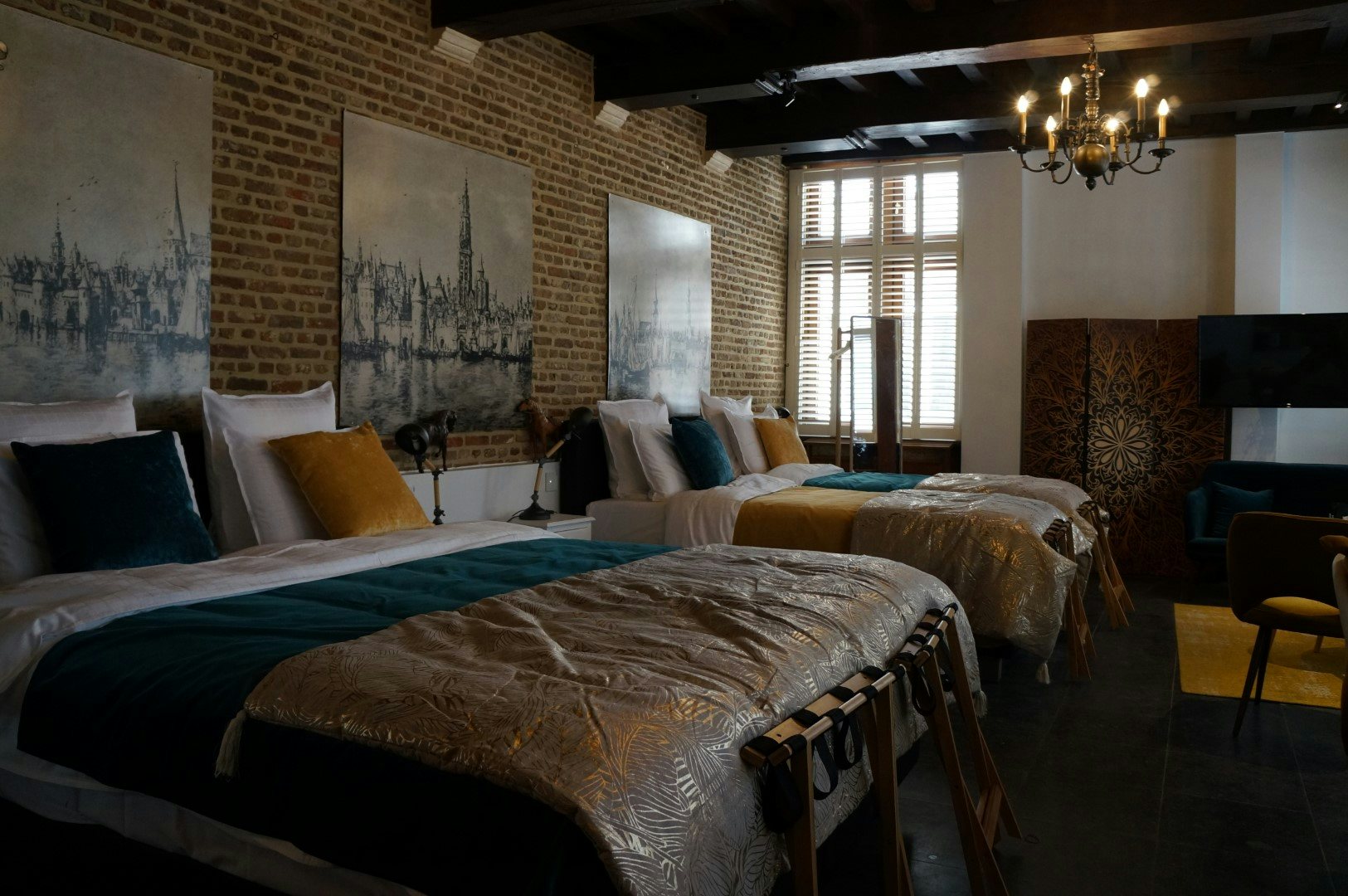 Two queen beds in the Holy Roman Empire suite at hotel Jan Zonder Vrees