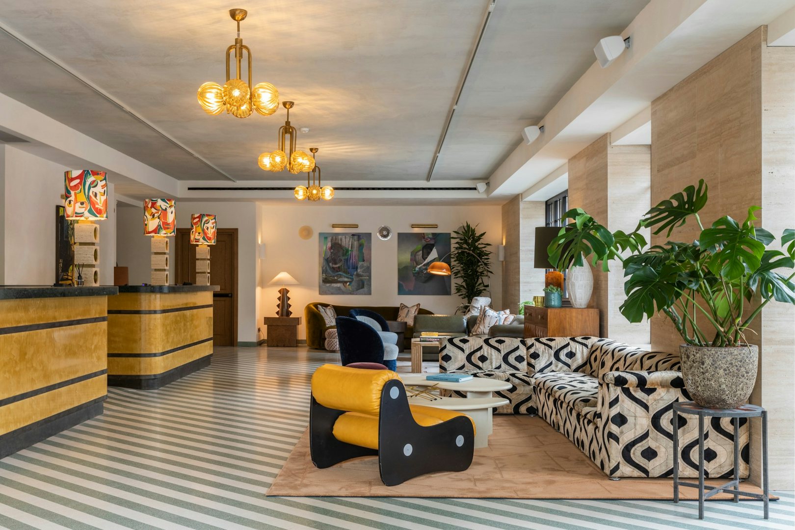 elegant and fun styled lobby at the Soho House Rome