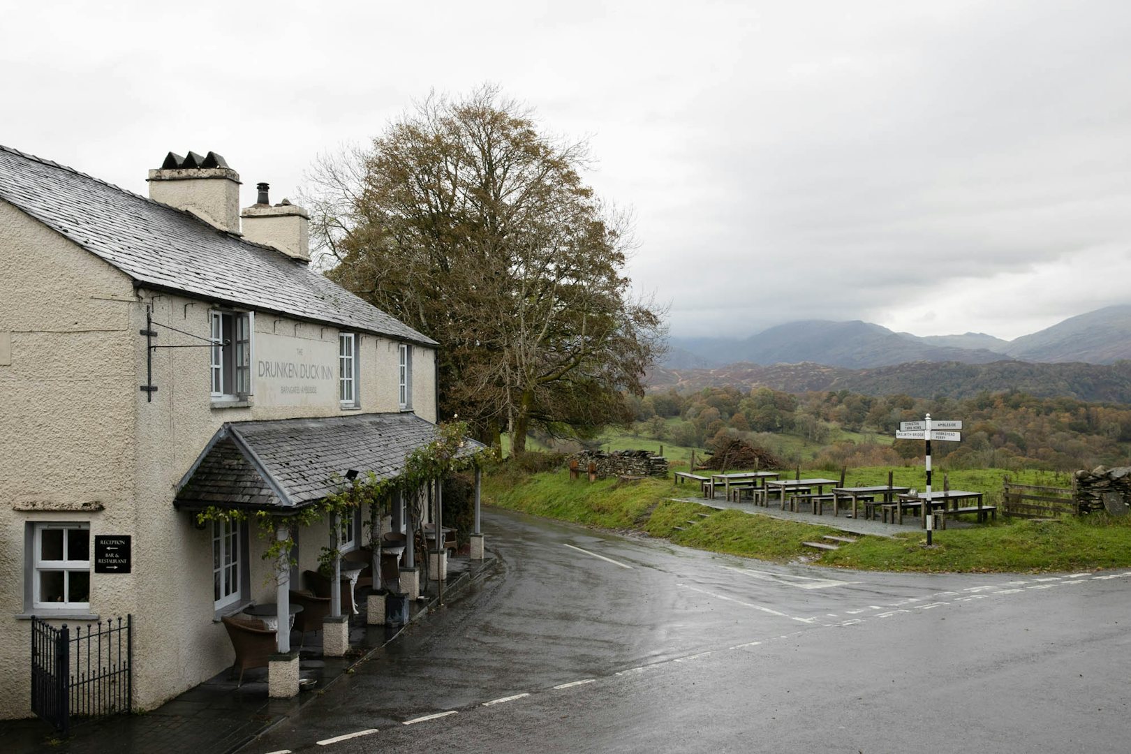 Exterior and outdoor terrace of The Drunken Duck Inn