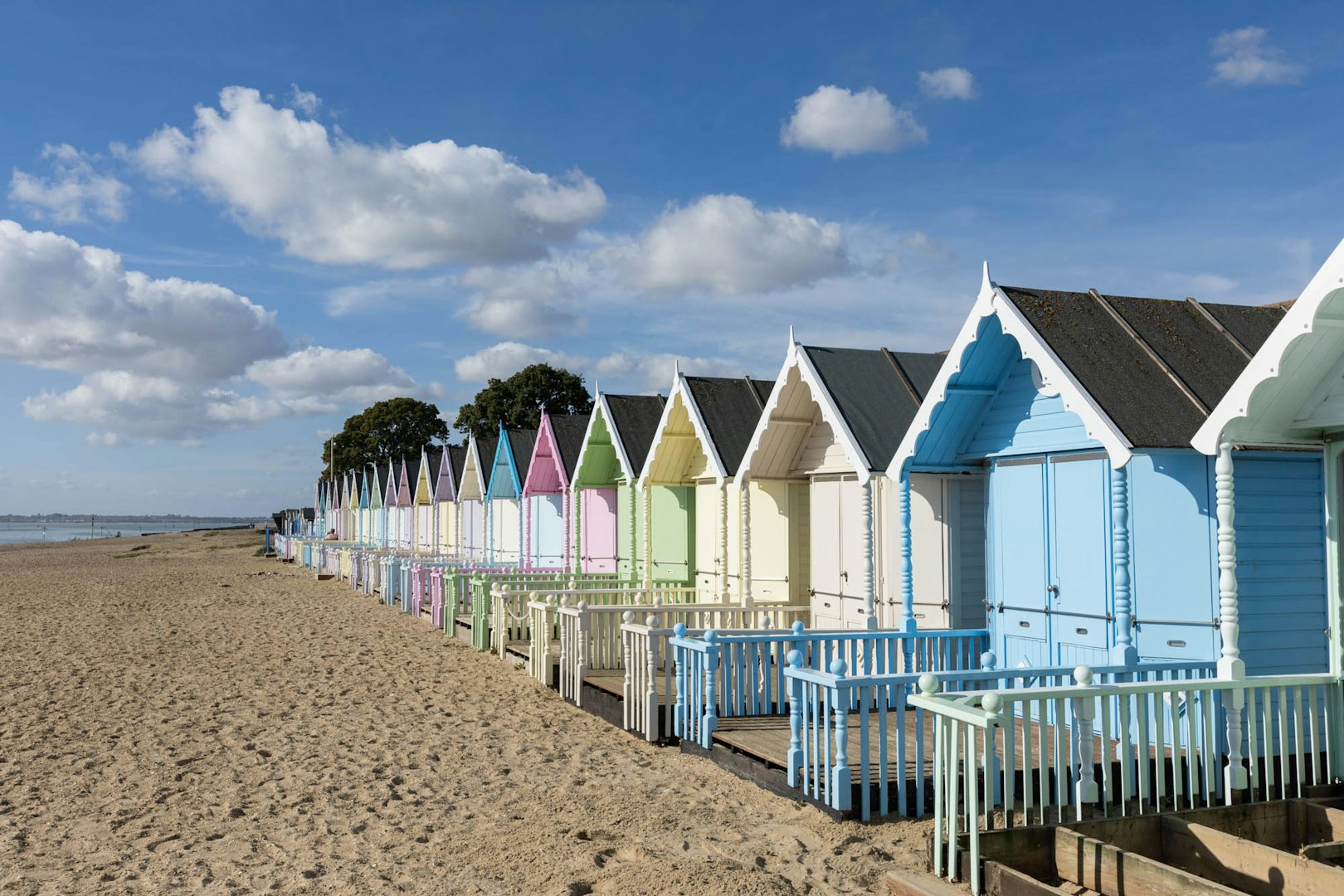 colourful beach huts on Mersea Island