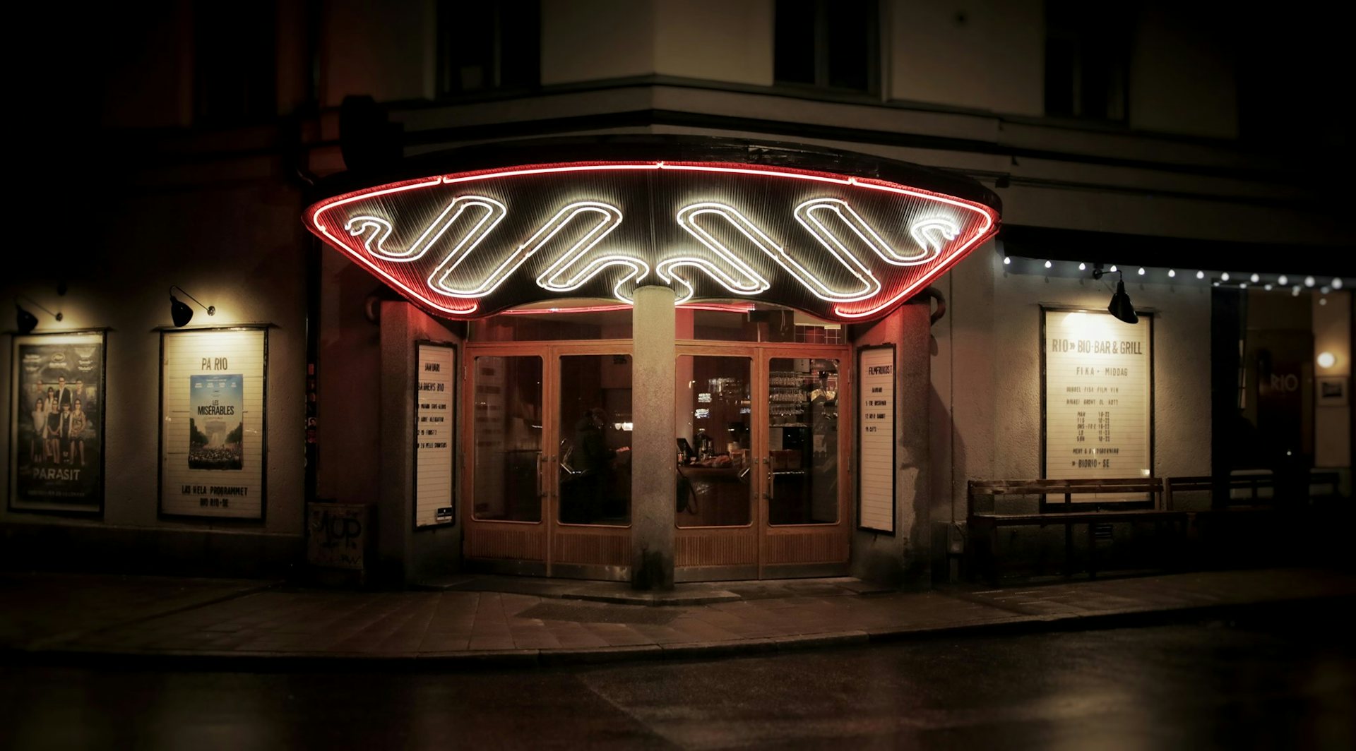 Facade with neon light at Indio Cinema