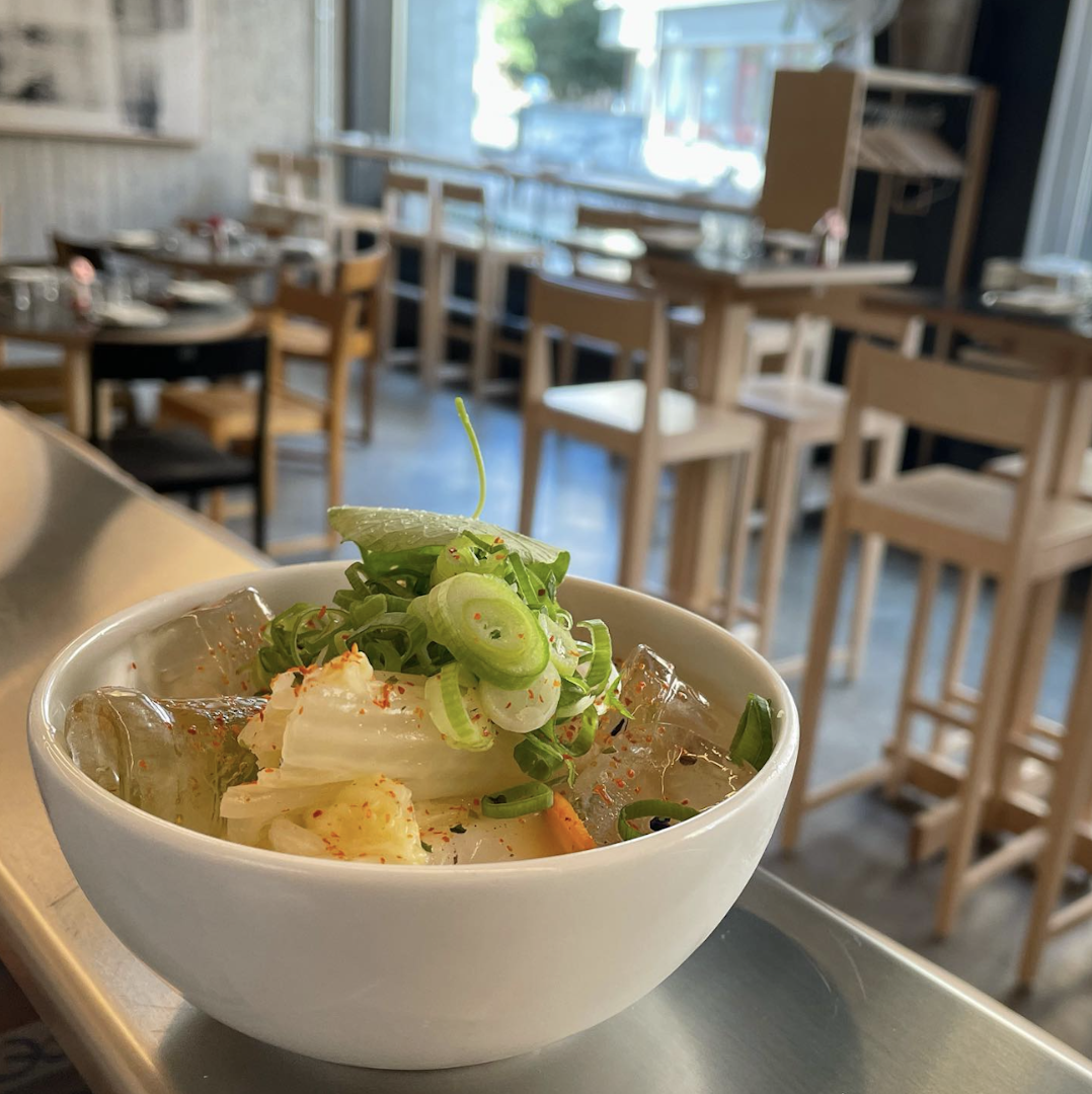 A bowl of ramen on the counter at Tengu restaurant in Stockholm