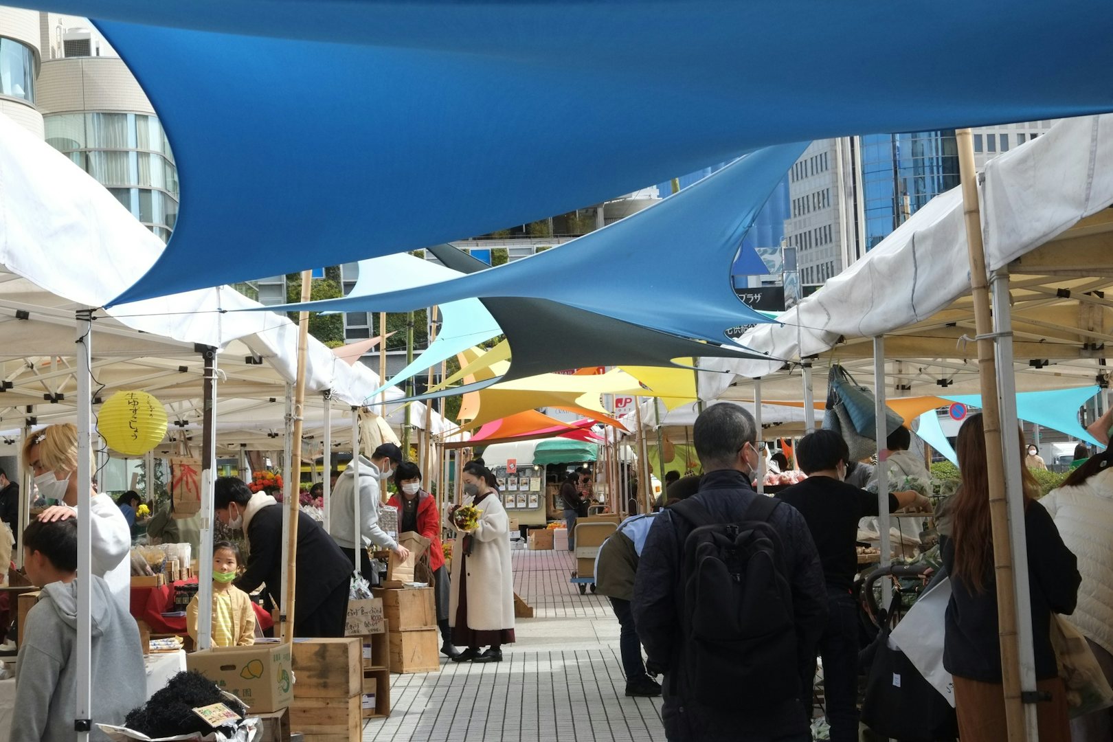 Stalls and people shopping at UNU farmers market