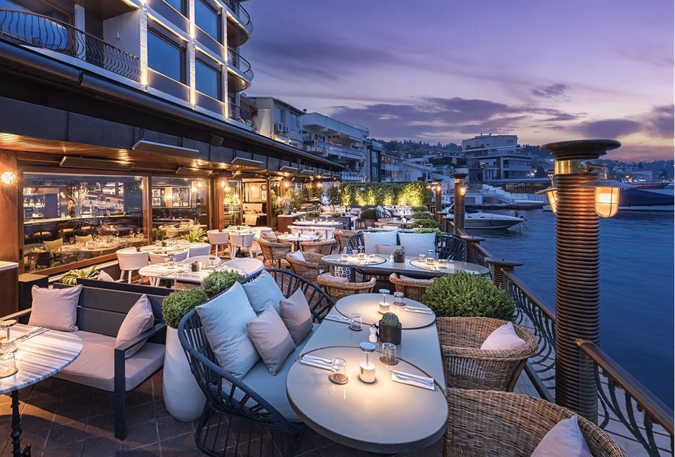 Terrace of Bebek restaurant in Istanbul by night