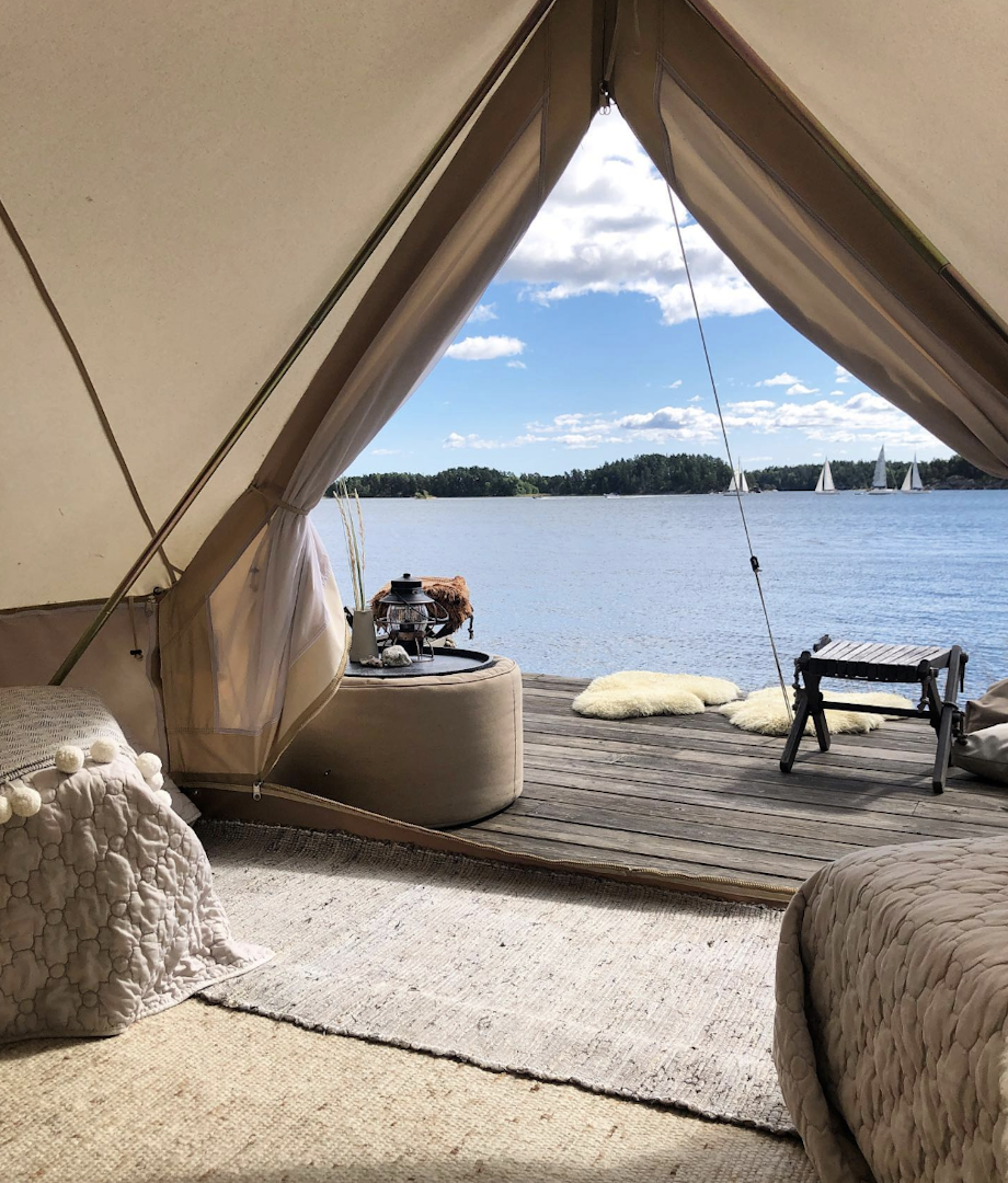 View from the glamping tent on the lake at Svartsö Logi