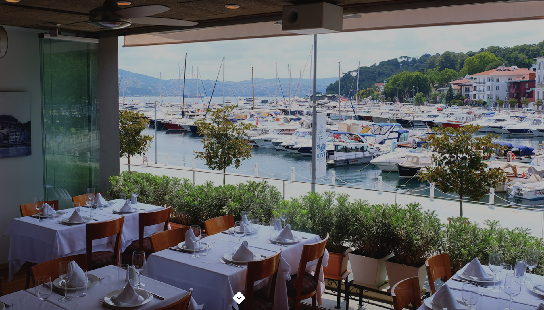 Dining hall and view of the marina at Kiyi restaurant Istanbul