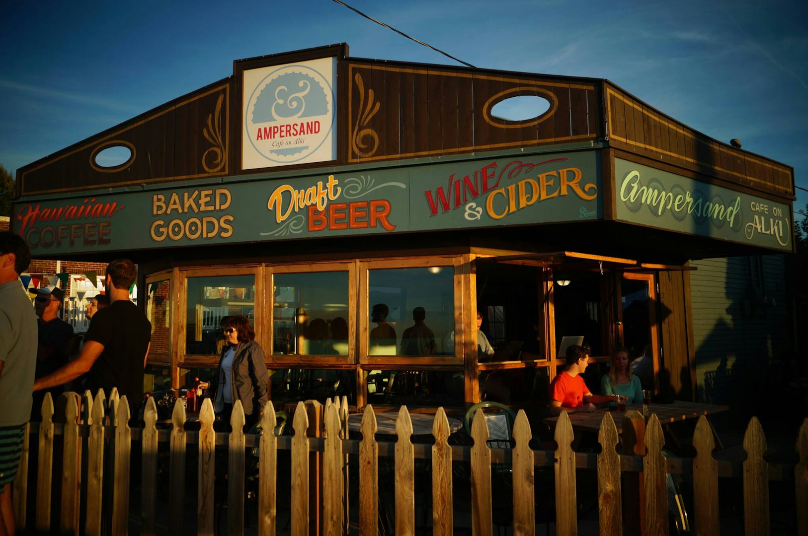 Terrace and wooden shack of Ampersand cafe on Alki