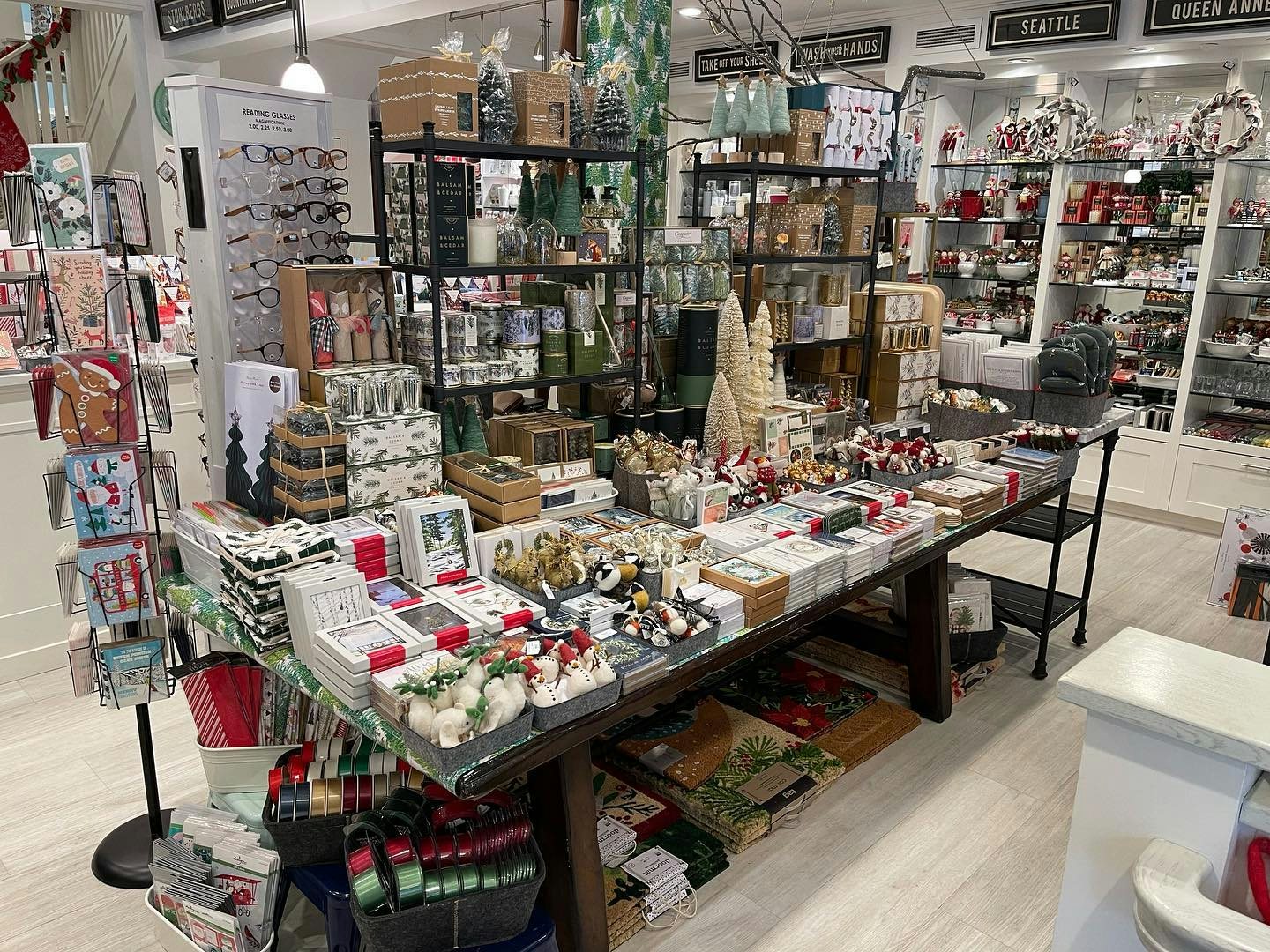 Tables and racks full of Christmas-themed decoration at Stuhlbergs