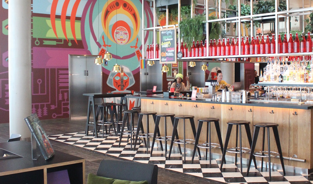 bar and seating area ath the CitizenM Hotel in South Lake Union