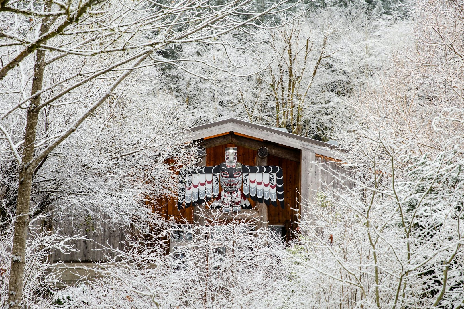 the House of Welcome amidst snowy trees