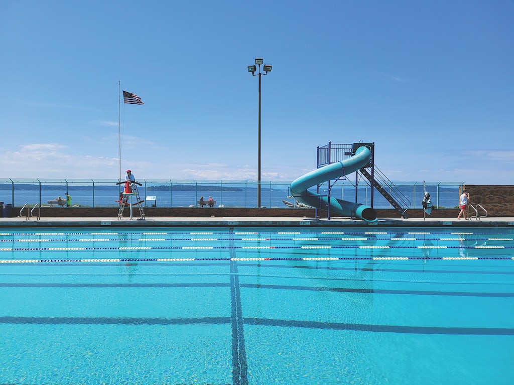 view over the Colman pool and slide