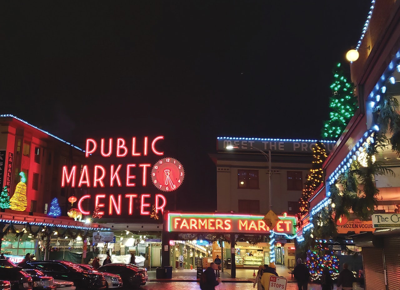 Neon lights everywhere at the Public Market Center in Seattle