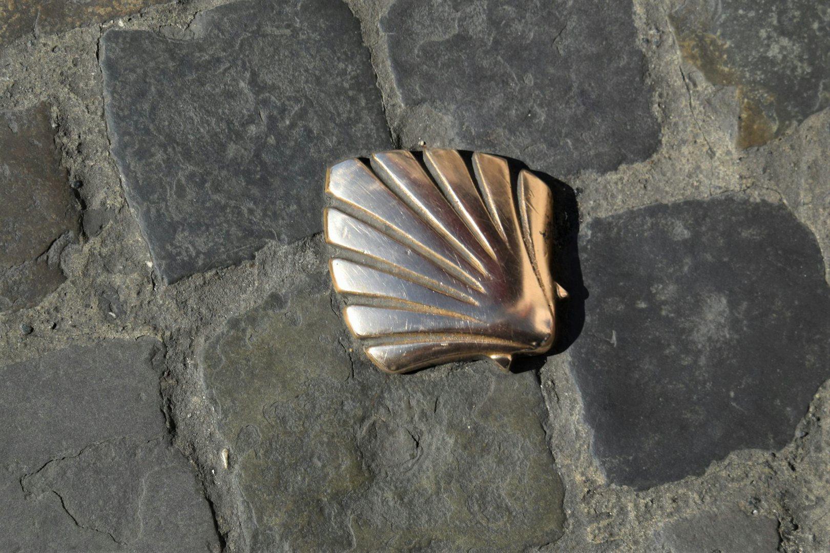 brass scallop shell marking the Camino De Santiago