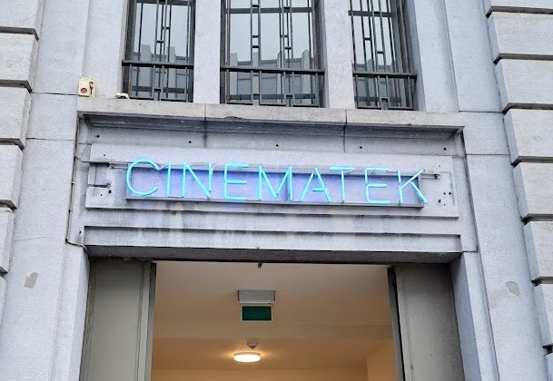 blue neon light of Cinematek Brussels