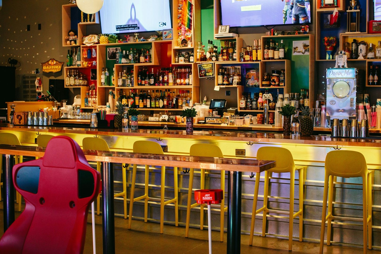 colourful bar interior of Roxy's arcade
