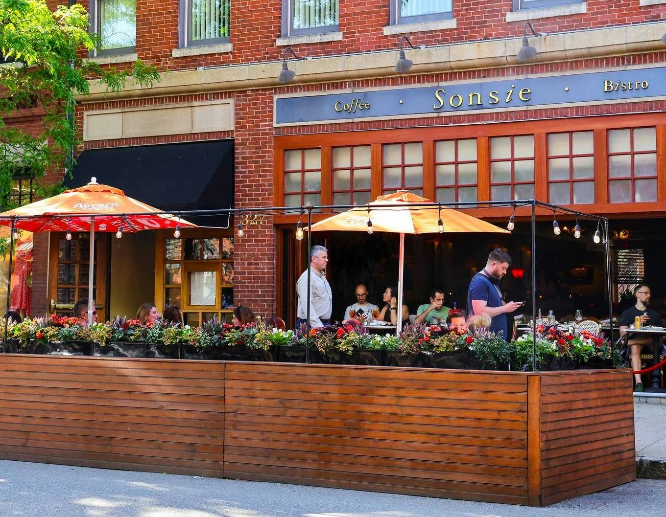 a sunsoaked terrace at Sonsie restaurant