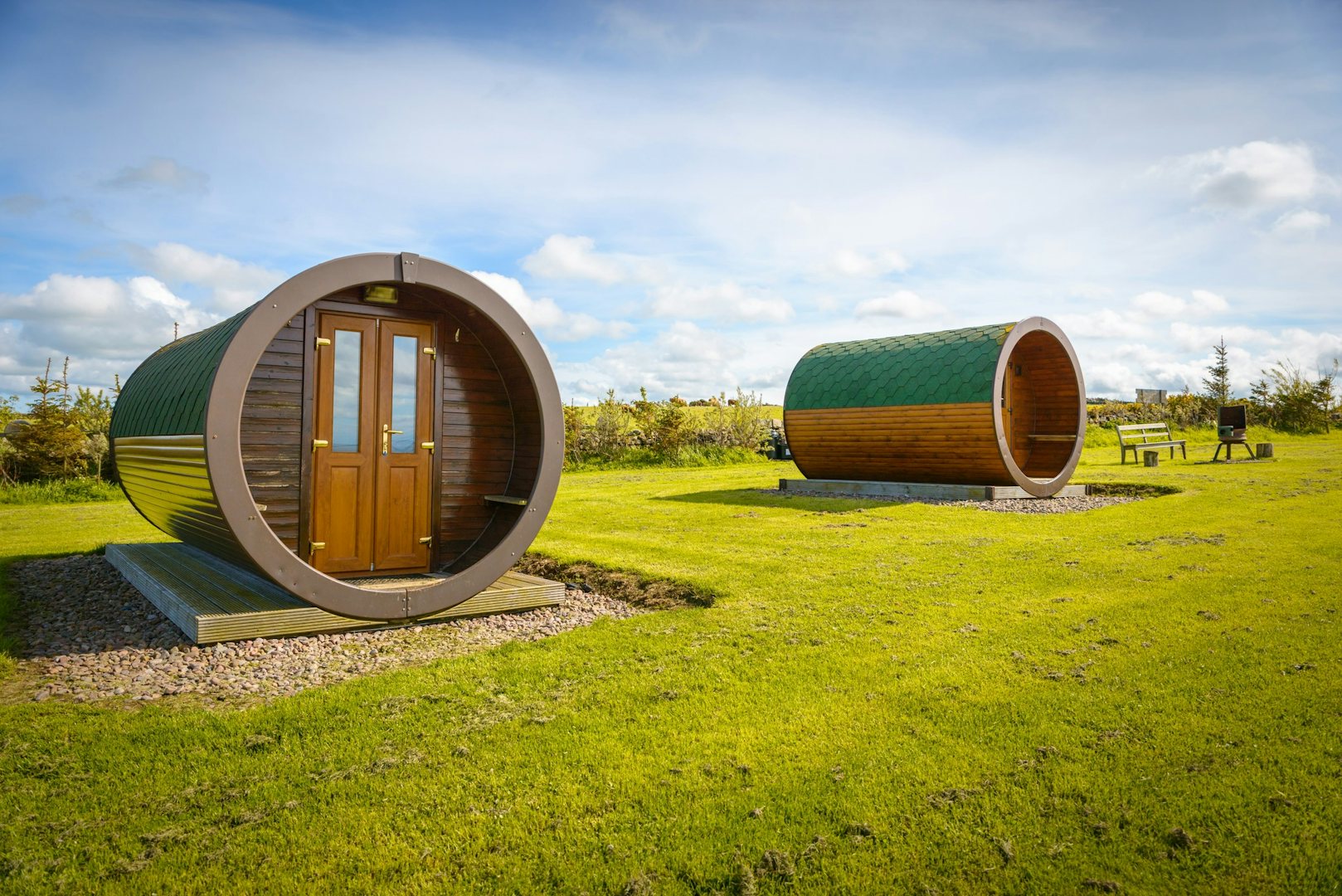 two barrel-shaped cabins at Down the Farm in Fraserburgh
