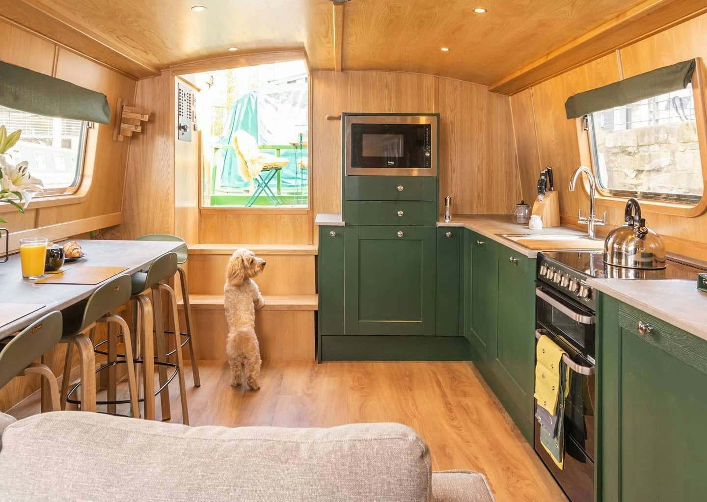 a poodle and a warm boat cabin interior of the Four Sisters Boatel