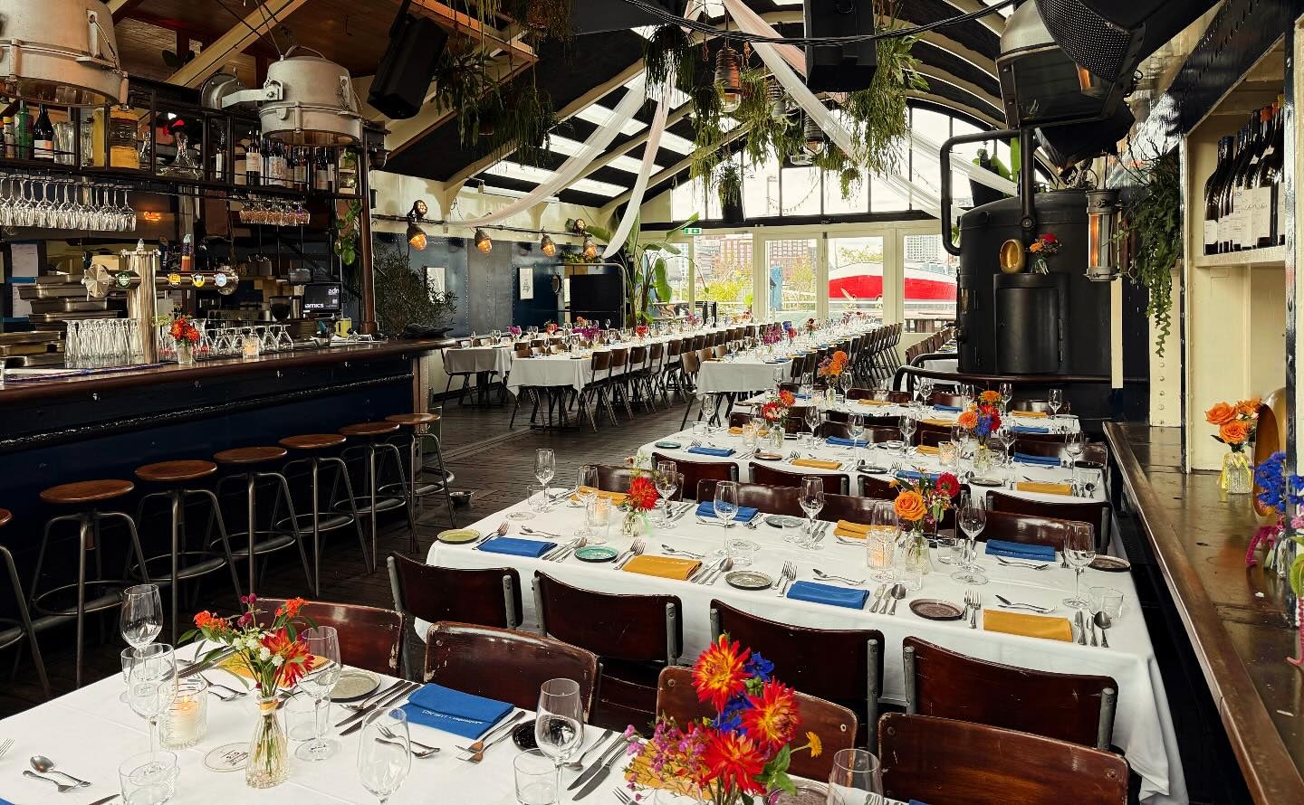 a greatly set up boat restaurant at Ferry Amsterdam